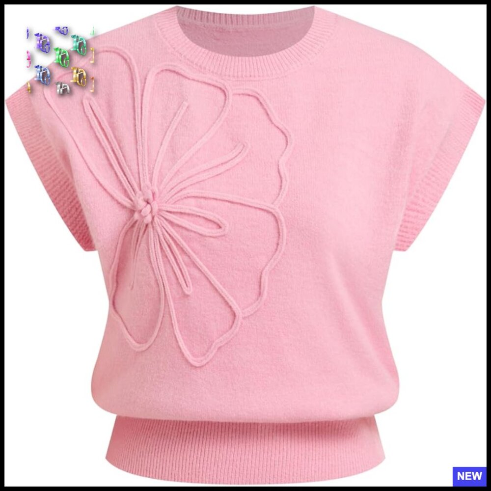 Floral Knit Sweater Vest Crew Neck Loose Fit Sleeveless Top Y2k Chic